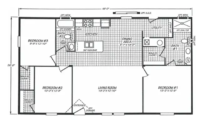 Floor plan of the Pure 28483U: 3 bed, 2 bath, 1,280 sq ft, 26.8 by 48 feet