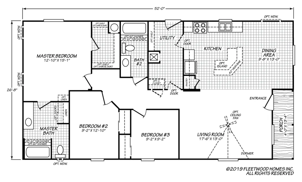 Floor plan of the Eagle 28523P: 3 bed, 2 bath, 1,333 sq ft, 26.8 by 52 feet