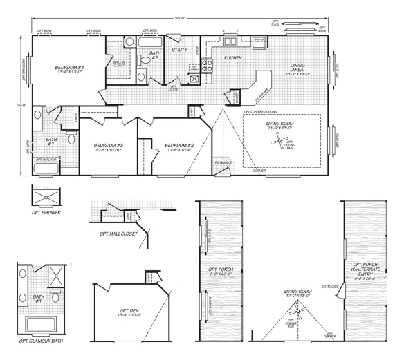 Floor plan of the Evergreen 28563E: 3 bed, 2 bath, 1,493 sq ft, 26.8 by 56 feet