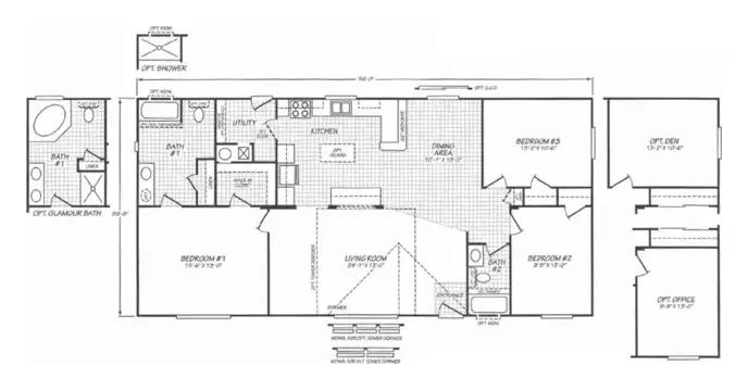 Floor plan of the Juniper 28563R: 3 bed, 2 bath, 1,493 sq ft, 26.8 by 56 feet