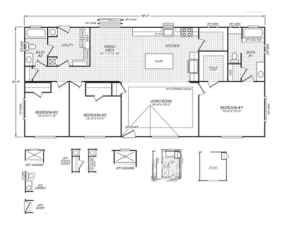 Floor plan of the Evergreen 28583E: 3 bed, 2 bath, 1,546 sq ft, 26.8 by 58 feet