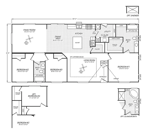 Floor plan of the Evergreen 28583F: 3 bed, 2 bath, 1,546 sq ft, 26.8 by 58 feet
