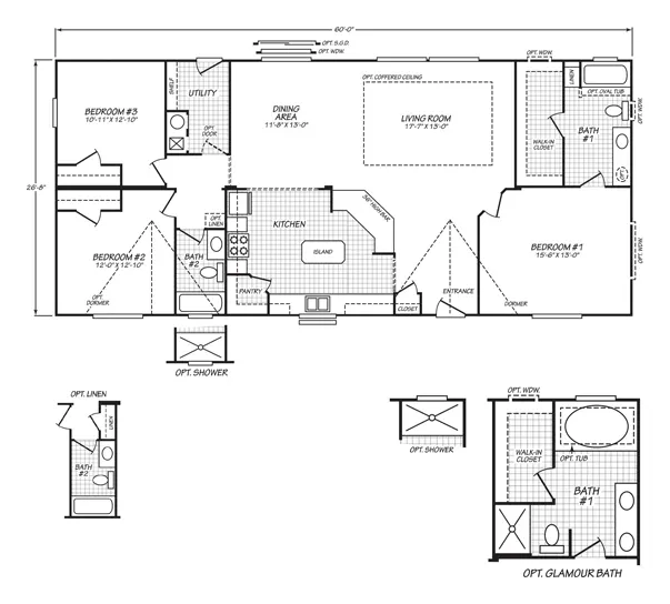 Floor plan of the Evergreen 28603E: 3 bed, 2 bath, 1,600 sq ft, 26.8 by 60 feet