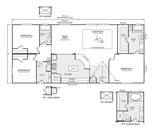 Floor plan of the Evergreen 28603F: 3 bed, 2 bath, 1,600 sq ft, 26.8 by 60 feet