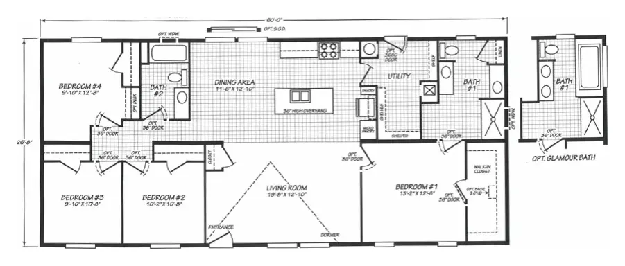 Floor plan of the Pure 28604M: 4 bed, 2 bath, 1,600 sq ft, 26.8 by 60 feet
