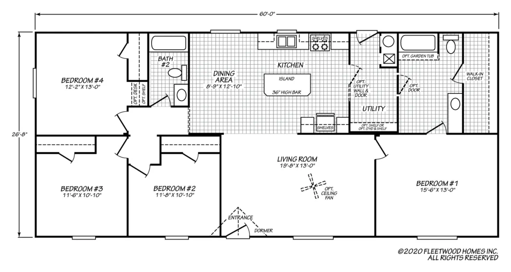 Floor plan of the Eagle 28604S: 4 bed, 2 bath, 1,600 sq ft, 26.8 by 60 feet