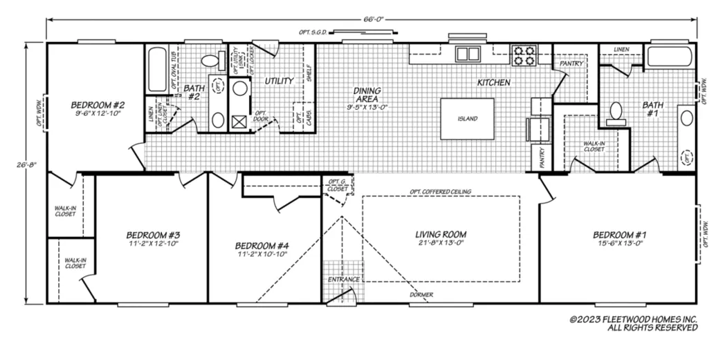 Floor plan of the Evergreen 28664E: 4 bed, 2 bath, 1,760 sq ft, 26.8 by 66 feet