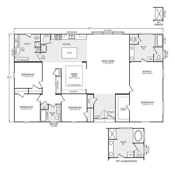 Floor plan of the Evergreen 37624E: 4 bed, 2 bath, 2,237 sq ft, 36.8 by 62 feet